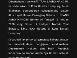 Pengumuman Pembubaran PT. TRANS AGRO MANDIRI